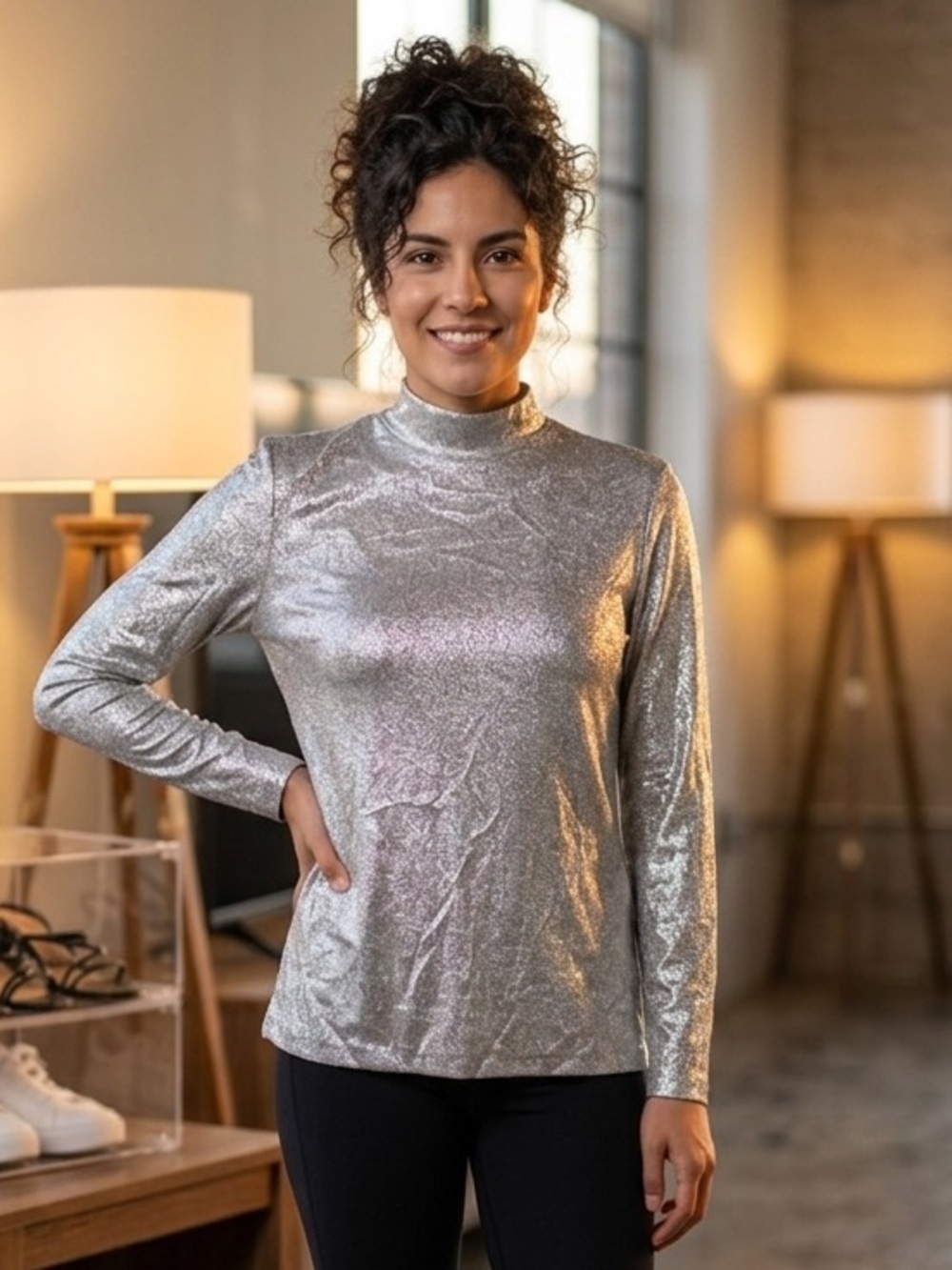 COS Metallic Silver Long Sleeve Mock Neck Top Women Size 40 / US 10